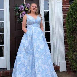 Blue flowered prom dress with matching earrings